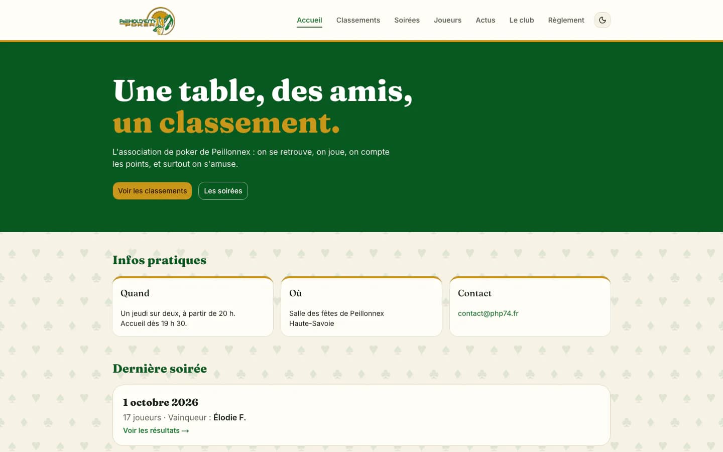 Accueil du site sur ordinateur : « Une table, des amis, un classement. », infos pratiques et dernière soirée