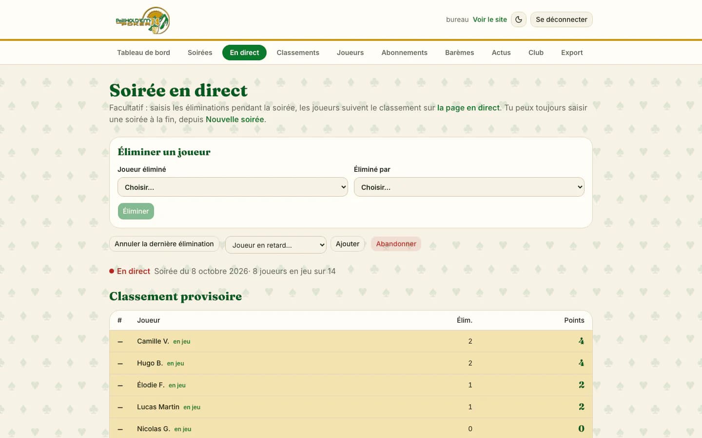 Saisie d'une soirée en direct dans l'espace du bureau : formulaire d'élimination et classement provisoire des joueurs encore en jeu
